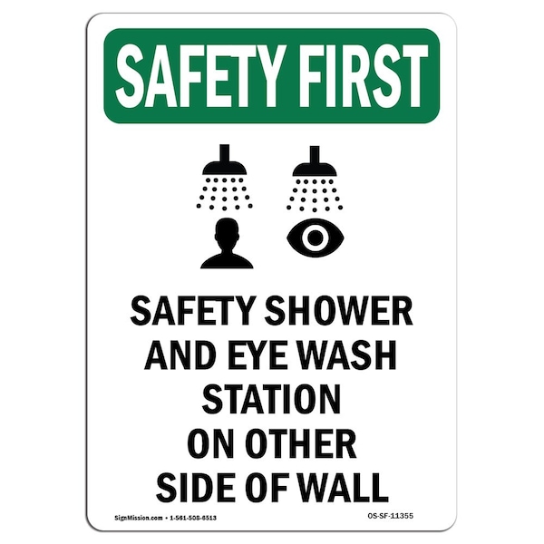 Safety Sign, OSHA SAFETY FIRST, 5" Height, Safety Shower And, Portrait, 10PK